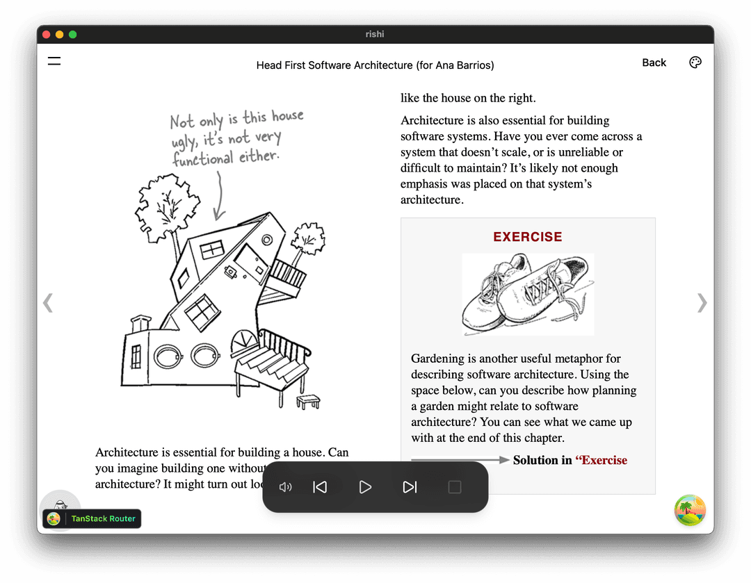 Reading interface with playback controls and dual-column layout